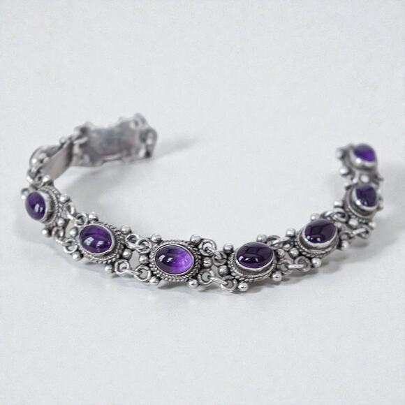 Vintage 925 Silver Amethyst Tennis Bracelet Scrollwork Purple Gemstone 6.5" - Picture 7 of 12